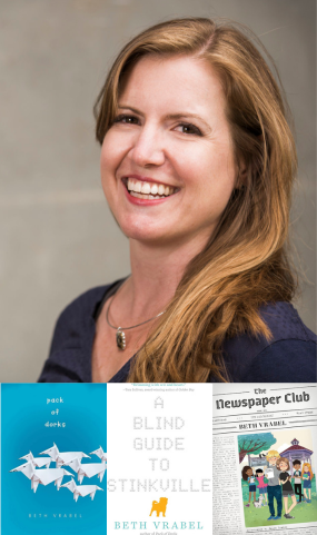 image of author Beth Vrabel and her books Blind Guide to Stinkville, The Newspaper Club and Pack of Dorks