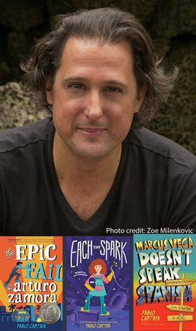 Picture of Pablo Cartaya with covers of his books
