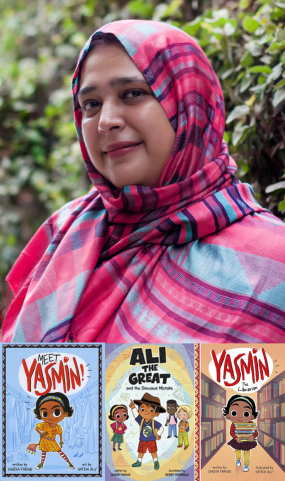 image of author Saadia Faruqi and two Yasmin books and Ali the Great book