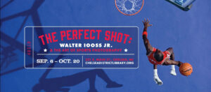 bird's eye image of Michael Jordan slam dunking a basketball at text - The Perfect Shot: Walter Iooss Jr. & the Art of Sports Photography