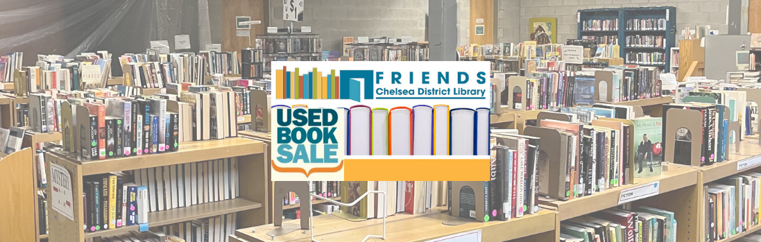 image of books shelves in library basement and Friends Used Book Sale logo