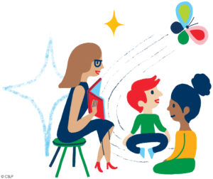 image of storytime with children, librarian and a butterfly 