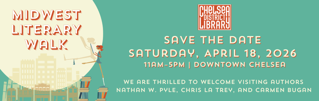 Midwest Literary Walk Save teh Date April 18, 2026 with visiting authors Nathan W Pyle, Chris La Tray, and Carmen Bugan