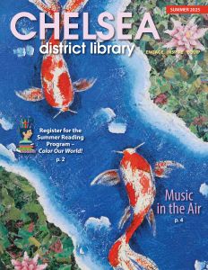 Image of two koi in a river with pink flowers and Chelsea District Library text