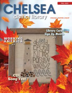 framed needlepoint lighthouse with colorful fall leaves and Chelsea District Library headline