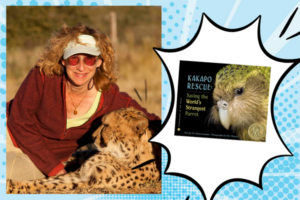 Image of author Sy Montgomery with a cheetah and the book cover Kakapo Rescue in a comic-style explosion bubble