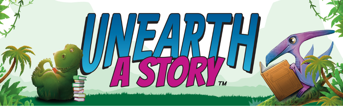 two dinosaurs reading books in a jungle with the words Unearth a Story