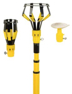 yellow and black telescoping pole with three attachments for changing lightbulbs