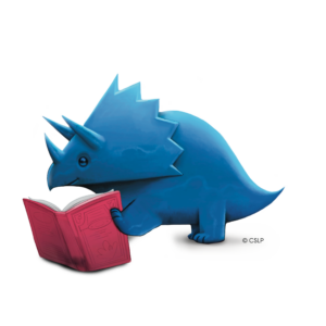 blue dinosaur with book