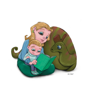 parent reading to a child with a dinosaur