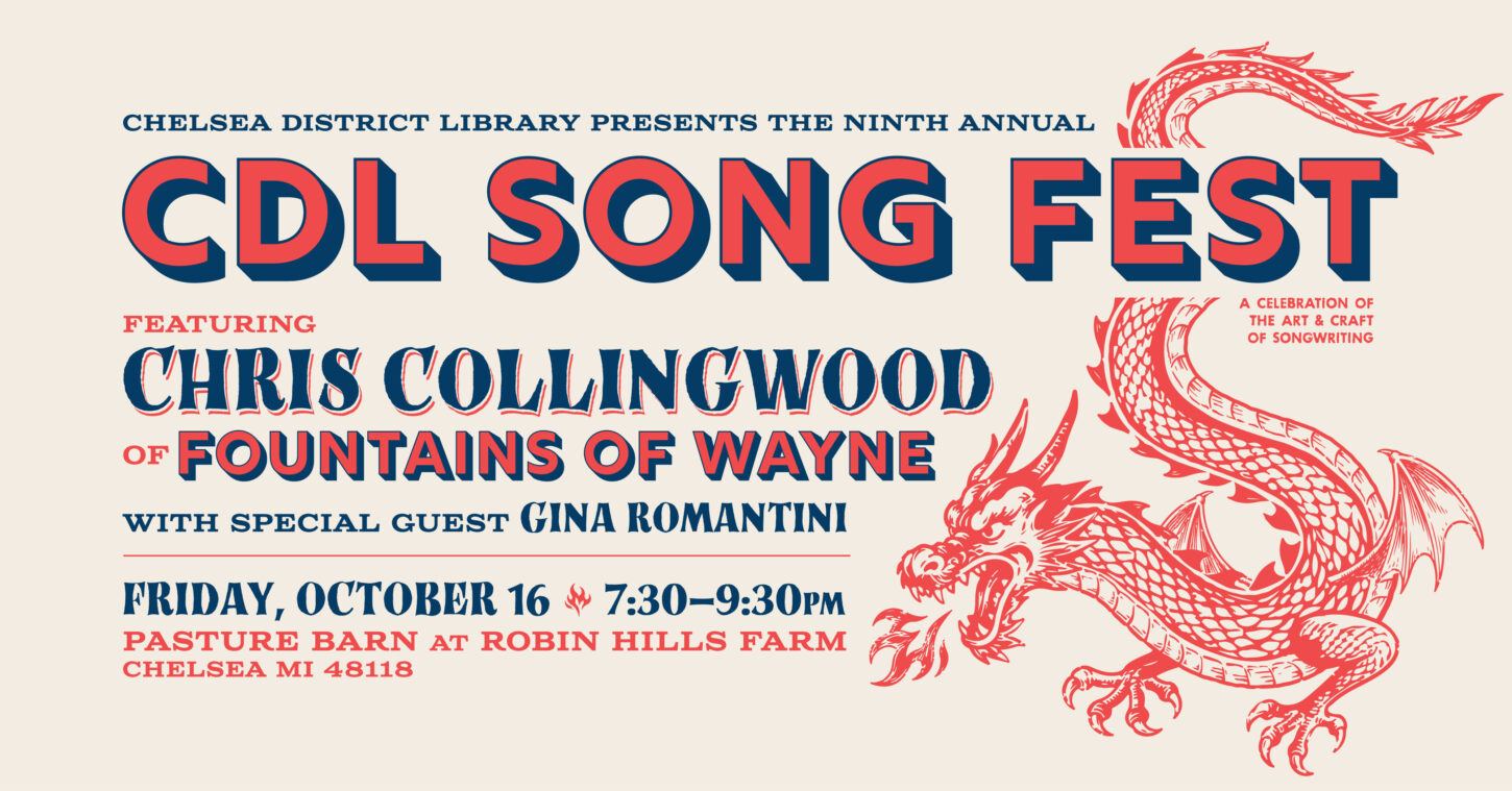 image of a red dragon tattooo and CDL SOng Fest featuring Chris Collingwood text. Join us Friday, OCt. 16 at 6:45 at Robin Hills Farm Pasture Barn for an interview and live show