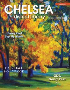 Fall trees with Chelsea District Library title and headlines for backstage hollywood, CDL song Fest, and Library Card Sign-up Month